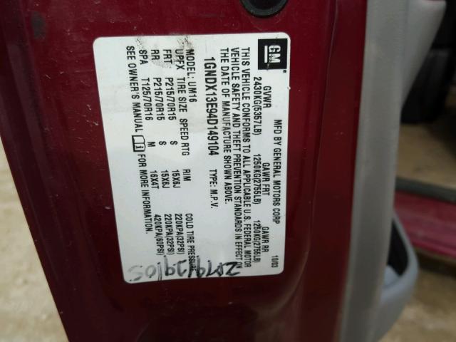 1GNDX13E94D149104 - 2004 CHEVROLET VENTURE LU MAROON photo 10