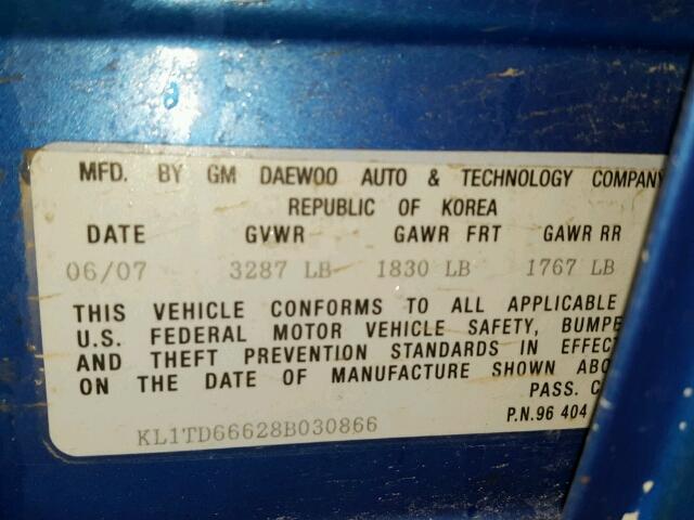 KL1TD66628B030866 - 2008 CHEVROLET AVEO BASE Bleu photo 10