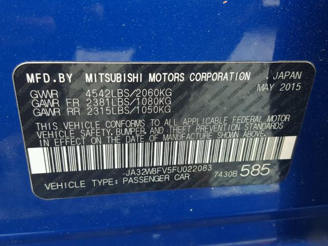 JA32W8FV5FU022083 - 2015 MITSUBISHI LANCER EVO BLUE photo 10