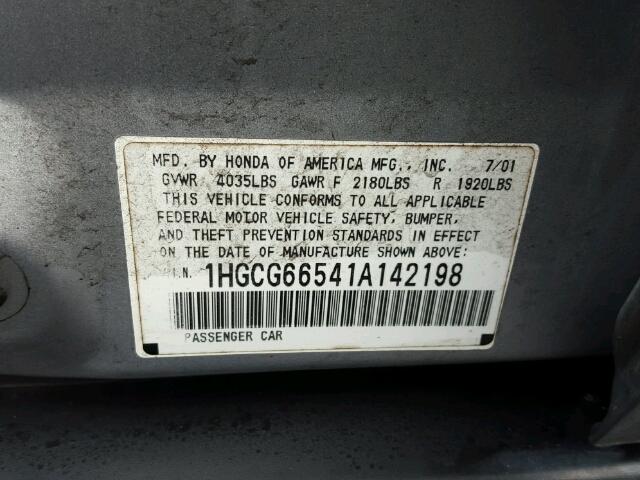 1HGCG66541A142198 - 2001 HONDA ACCORD LX SILVER photo 10