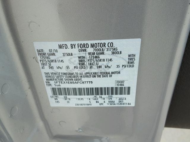 1FTEX1E85AFC87775 - 2010 FORD F150 SUPER SILVER photo 10