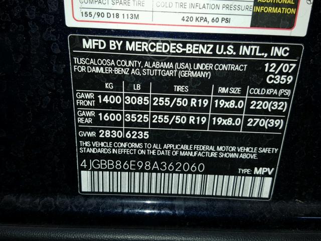 4JGBB86E98A362060 - 2008 MERCEDES-BENZ ML 350 BLUE photo 10