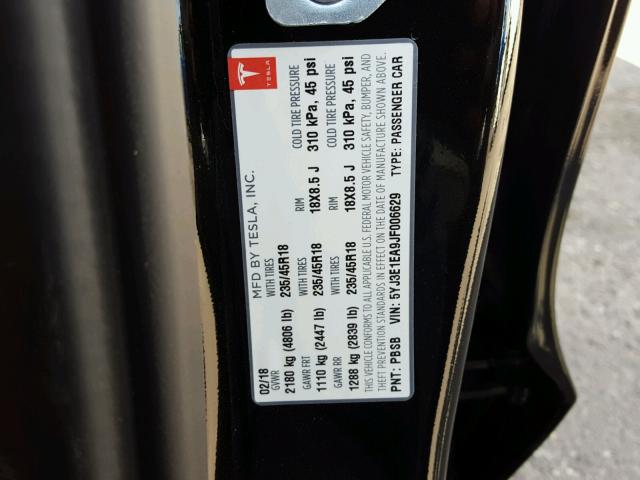 5YJ3E1EA9JF006629 - 2018 TESLA MODEL 3 შავი ფოტო 10