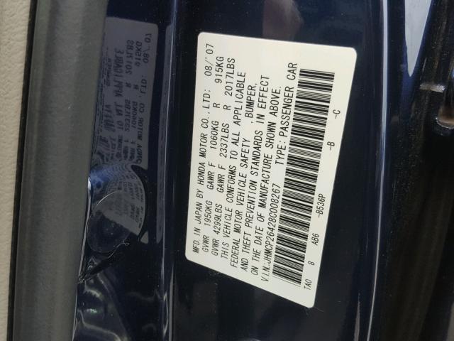 JHMCP26428C008267 - 2008 HONDA ACCORD LXP BLUE photo 10