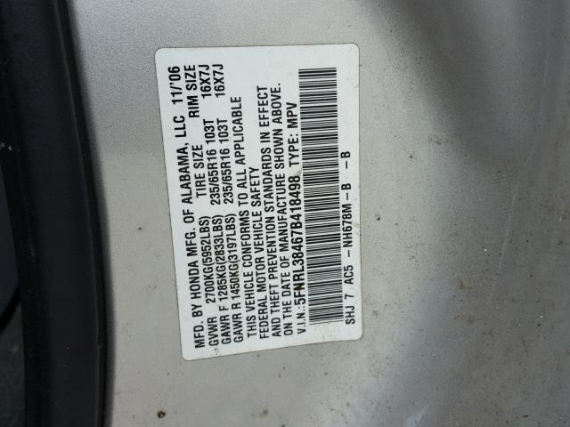 5FNRL38467B418498 - 2007 HONDA ODYSSEY EX SILVER photo 10