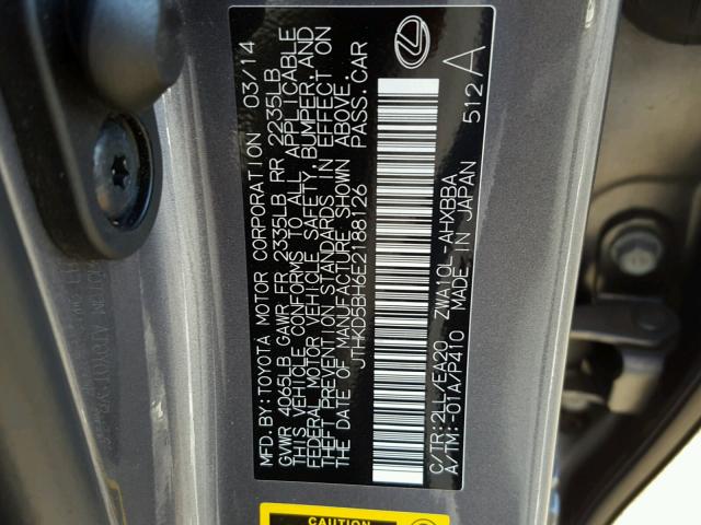 JTHKD5BH6E2188126 - 2014 LEXUS CT 200 GRAY photo 10