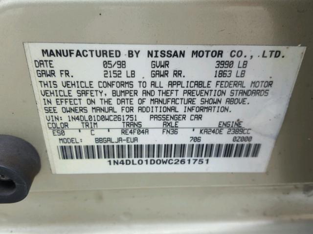 1N4DL01D0WC261751 - 1998 NISSAN ALTIMA XE YELLOW photo 10