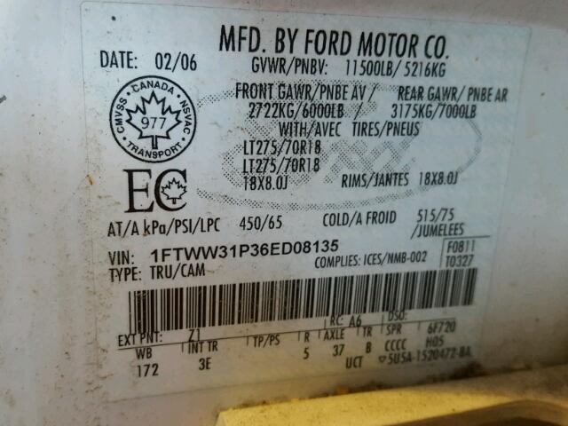 1FTWW31P36ED08135 - 2006 FORD F350 SRW S WHITE photo 10