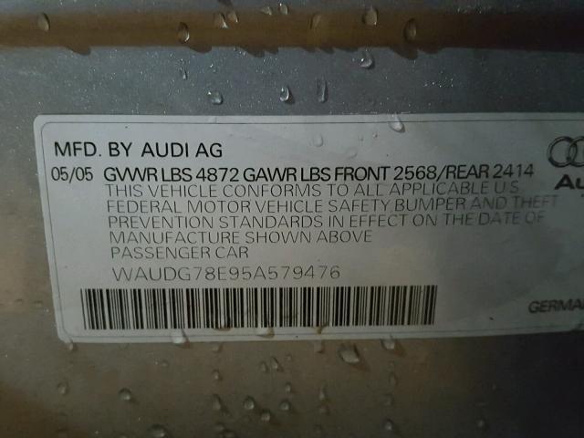 WAUDG78E95A579476 - 2005 AUDI A4 3.2 QUA GRAY photo 10