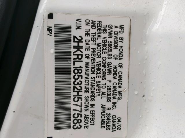 2HKRL18532H577583 - 2002 HONDA ODYSSEY LX WHITE photo 10