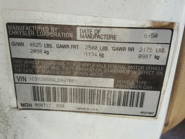 1C3XC66R4LD897081 - 1990 CHRYSLER NEW YORKER WHITE photo 10