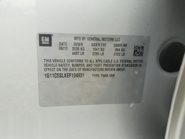 1G11C5SLXEF104931 - 2014 CHEVROLET MALIBU 1LT 银色 照片 10