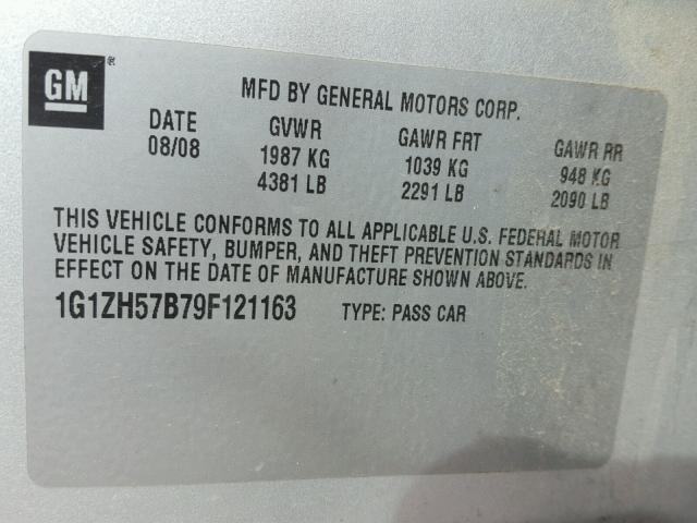 1G1ZH57B79F121163 - 2009 CHEVROLET MALIBU 1LT SILVER photo 10