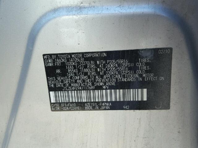 JTLZE4FE9A1117689 - 2010 TOYOTA SCION XB SILVER photo 10