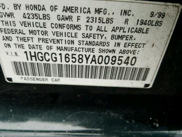 1HGCG1658YA009540 - 2000 HONDA ACCORD EX GREEN photo 10