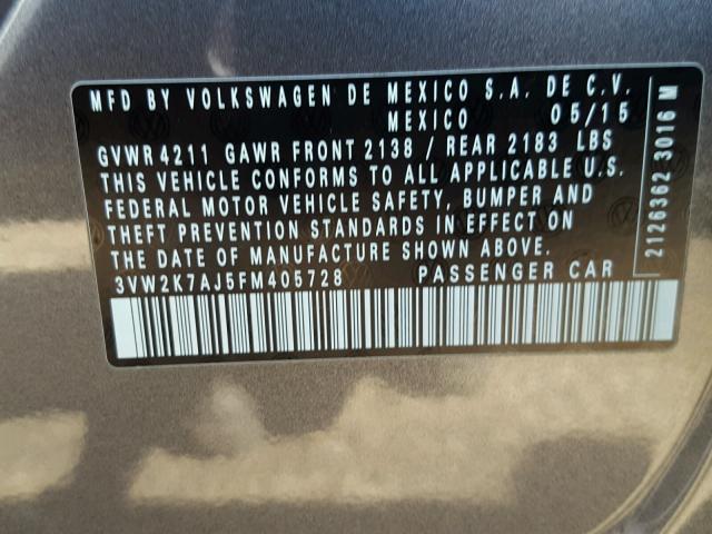 3VW2K7AJ5FM405728 - 2015 VOLKSWAGEN JETTA BASE Մոխրագույն լուսանկար 10