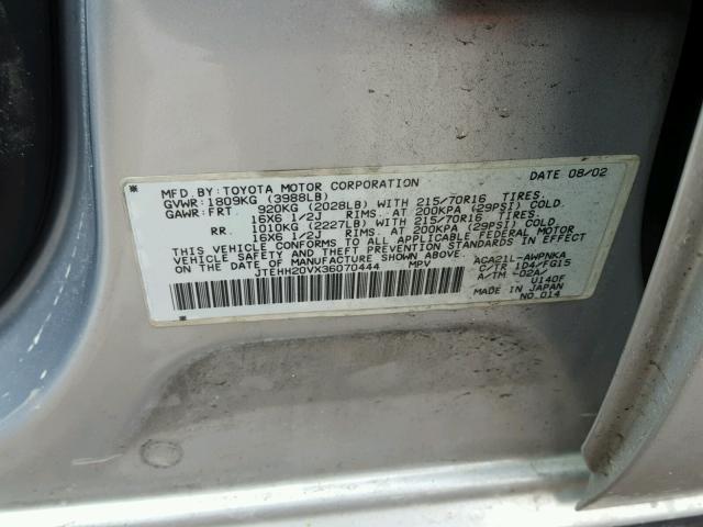 JTEHH20VX36070444 - 2003 TOYOTA RAV4 SILVER photo 10