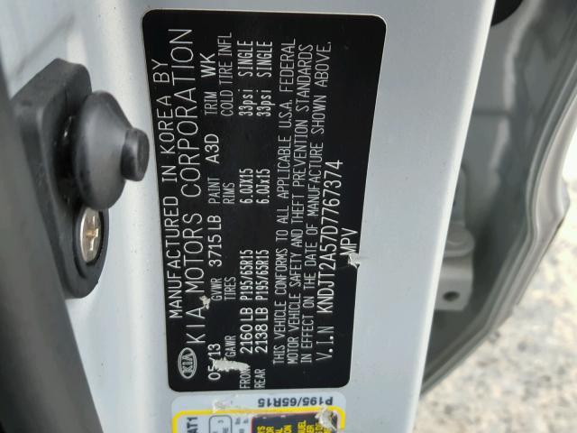 KNDJT2A57D7767374 - 2013 KIA SOUL SILVER photo 10