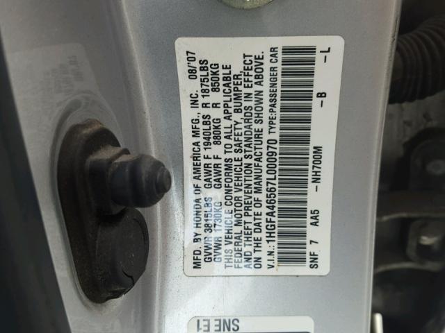 1HGFA46567L000970 - 2007 HONDA CIVIC GX SILVER photo 10