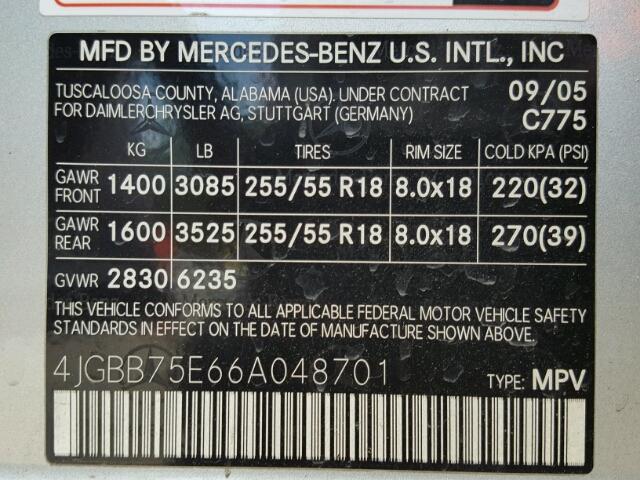 4JGBB75E66A048701 - 2006 MERCEDES-BENZ ML 500 SILVER photo 10