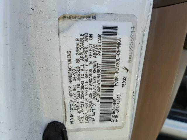 4T1BF22K5YU948637 - 2000 TOYOTA CAMRY LE WHITE photo 10