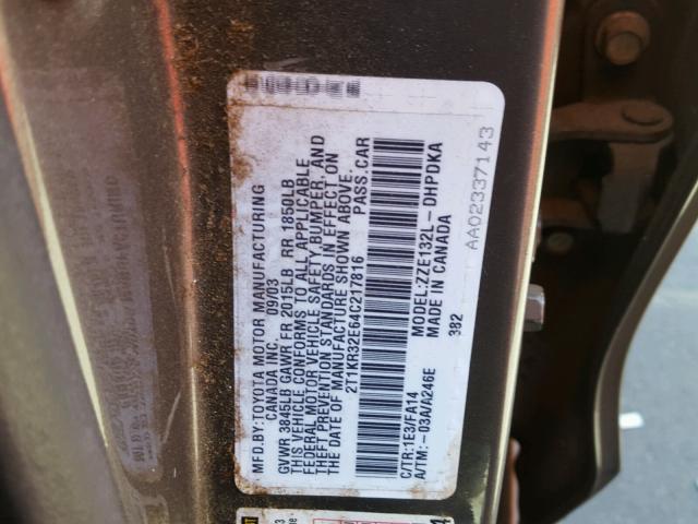 2T1KR32E64C217816 - 2004 TOYOTA COROLLA MA GRAY photo 10