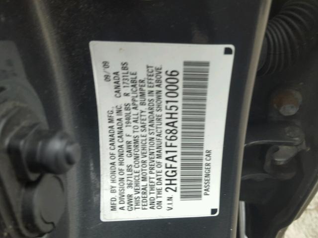 2HGFA1F68AH510006 - 2010 HONDA CIVIC GRAY photo 10