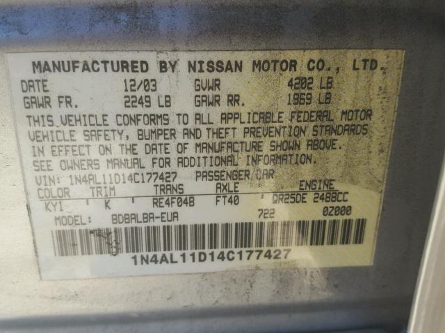 1N4AL11D14C177427 - 2004 NISSAN ALTIMA BAS SILVER photo 10