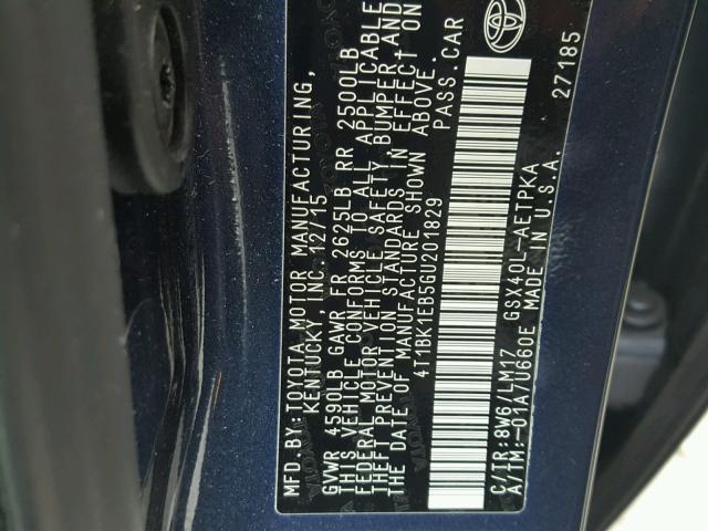 4T1BK1EB5GU201829 - 2016 TOYOTA AVALON XLE BLUE photo 10