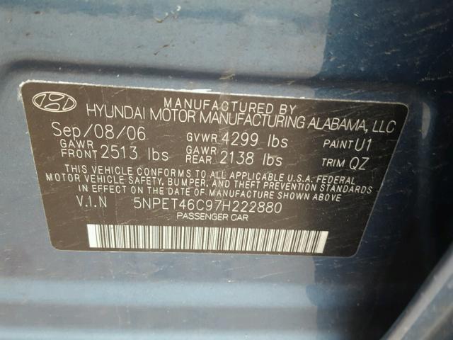 5NPET46C97H222880 - 2007 HYUNDAI SONATA GLS BLUE photo 10