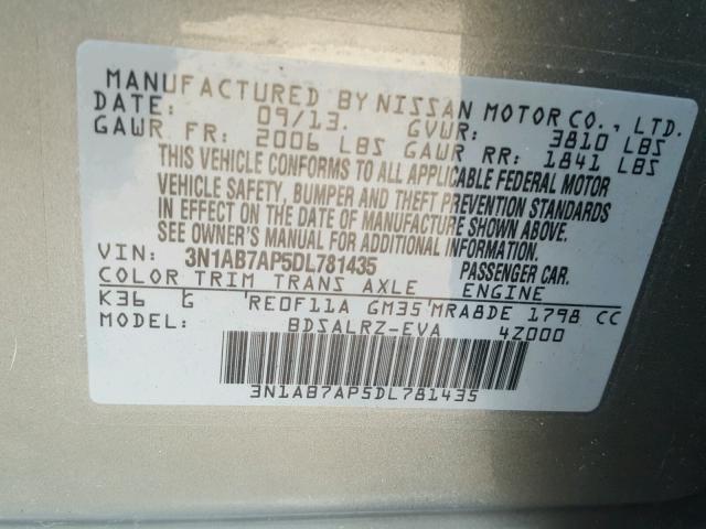 3N1AB7AP5DL781435 - 2013 NISSAN SENTRA S GRAY photo 10