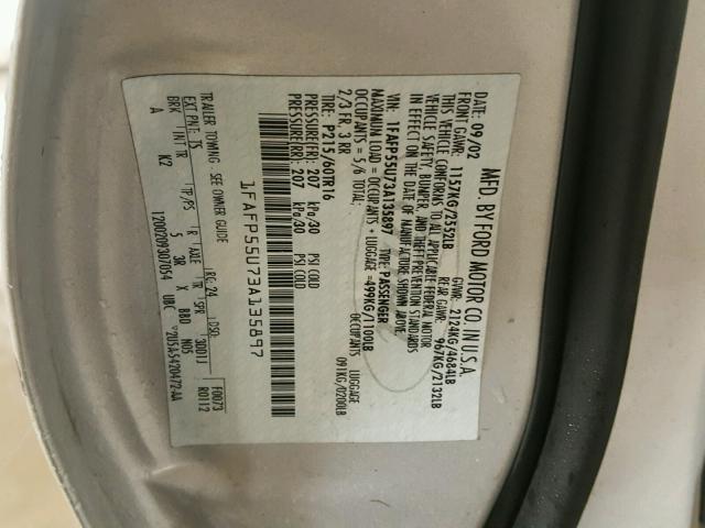 1FAFP55U73A135897 - 2003 FORD TAURUS SES SILVER photo 10