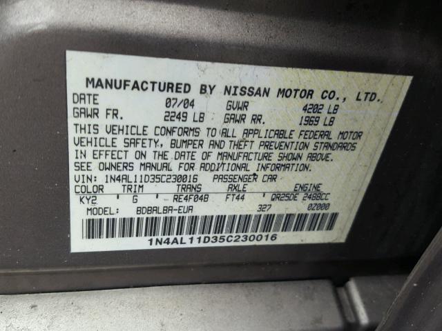 1N4AL11D35C230016 - 2005 NISSAN ALTIMA S TAN photo 10