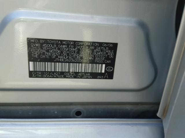 JTHBE262362006465 - 2006 LEXUS IS 350 SILVER photo 10