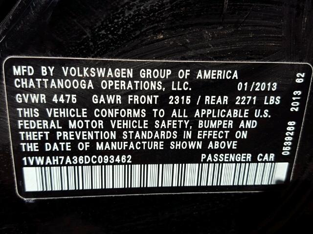 1VWAH7A36DC093462 - 2013 VOLKSWAGEN PASSAT S შავი ფოტო 10