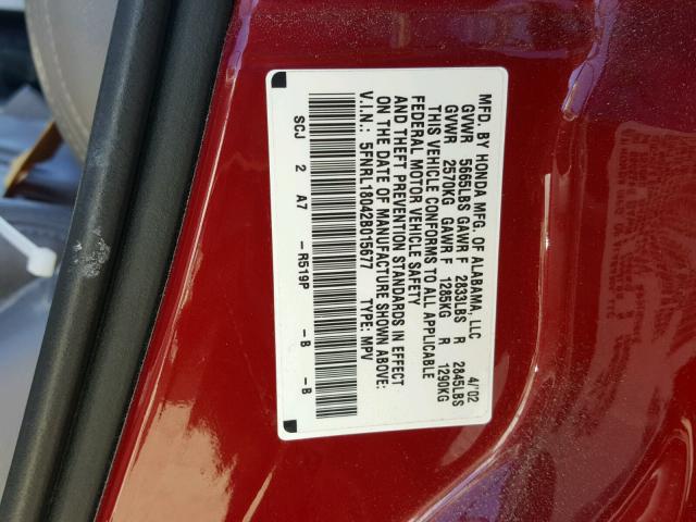 5FNRL18042B015677 - 2002 HONDA ODYSSEY EX RED photo 10