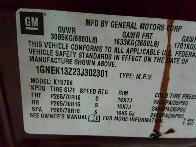 1GNEK13Z23J302301 - 2003 CHEVROLET TAHOE K150 RED photo 10