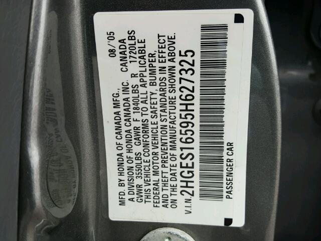 2HGES16595H627325 - 2005 HONDA CIVIC LX GRAY photo 10