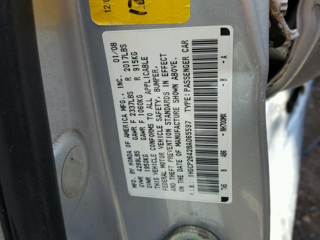 1HGCP26428A065597 - 2008 HONDA ACCORD LXP SILVER photo 10