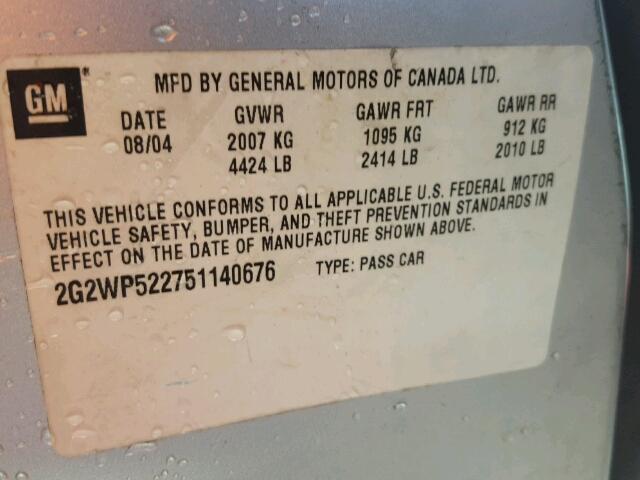 2G2WP522751140676 - 2005 PONTIAC GRAND PRIX SILVER photo 10