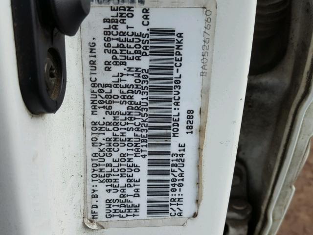 4T1BE32K53U135302 - 2003 TOYOTA CAMRY LE WHITE photo 10