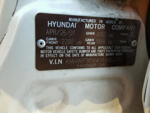 KMHWF35V41A480243 - 2001 HYUNDAI SONATA GLS WHITE photo 10