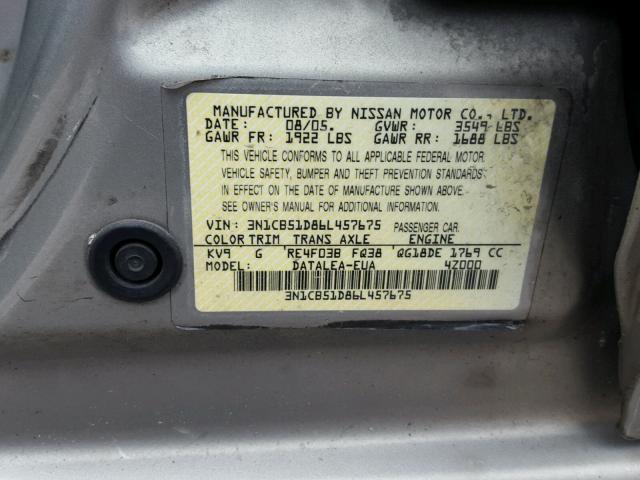 3N1CB51D86L457675 - 2006 NISSAN SENTRA 1.8 GOLD photo 10