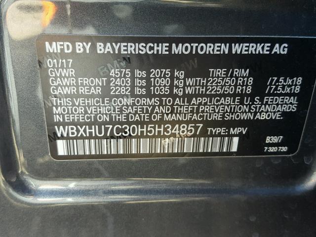 WBXHU7C30H5H34857 - 2017 BMW X1 SDRIVE2 CHARCOAL photo 10