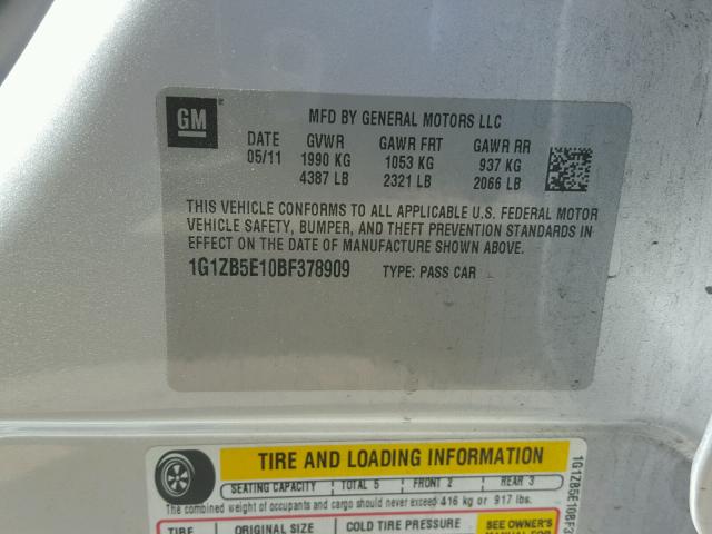 1G1ZB5E10BF378909 - 2011 CHEVROLET MALIBU LS ვერცხლისფერი ფოტო 10