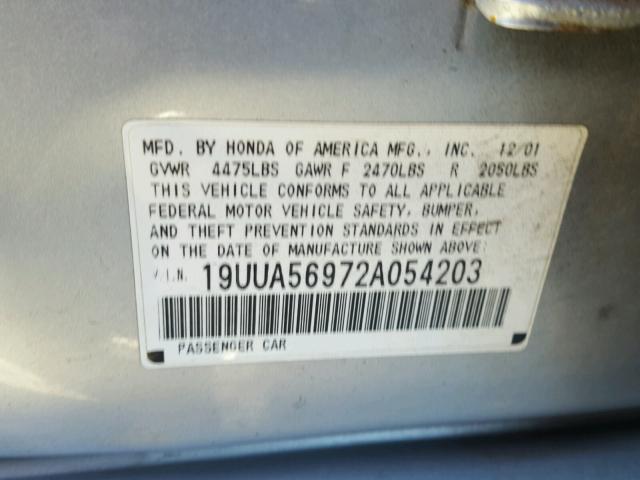 19UUA56972A054203 - 2002 ACURA 3.2TL TYPE SILVER photo 10