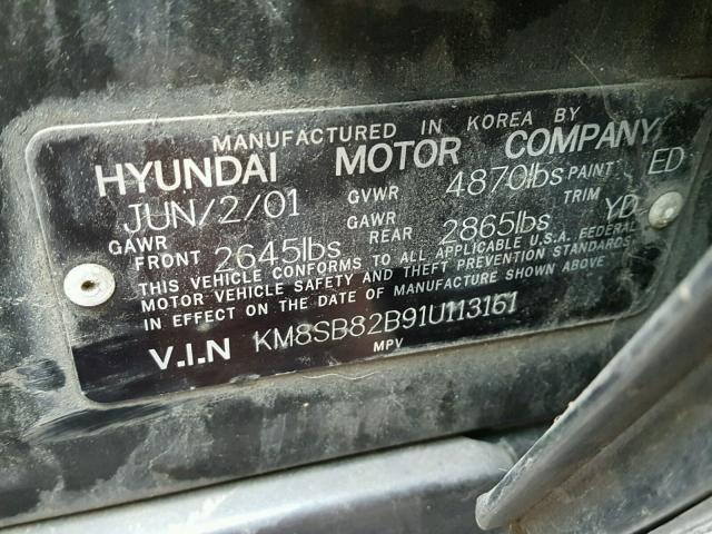 KM8SB82B91U113161 - 2001 HYUNDAI SANTA FE BLACK photo 10