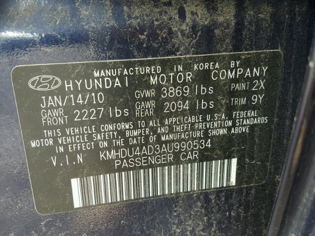 KMHDU4AD3AU990534 - 2010 HYUNDAI ELANTRA BL BLUE photo 10