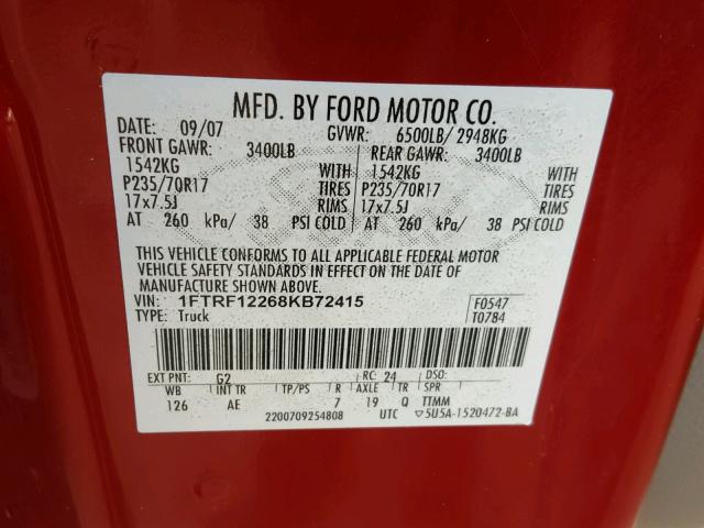 1FTRF12268KB72415 - 2008 FORD F150 RED photo 10