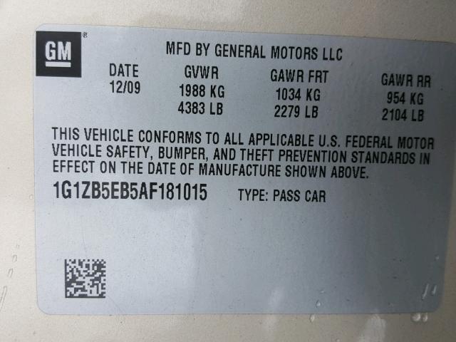 1G1ZB5EB5AF181015 - 2010 CHEVROLET MALIBU LS 棕色 照片 10